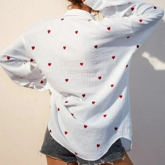 Cute Heart Embroidery Button Down Contemporary Blouse - Picture 3 of 5